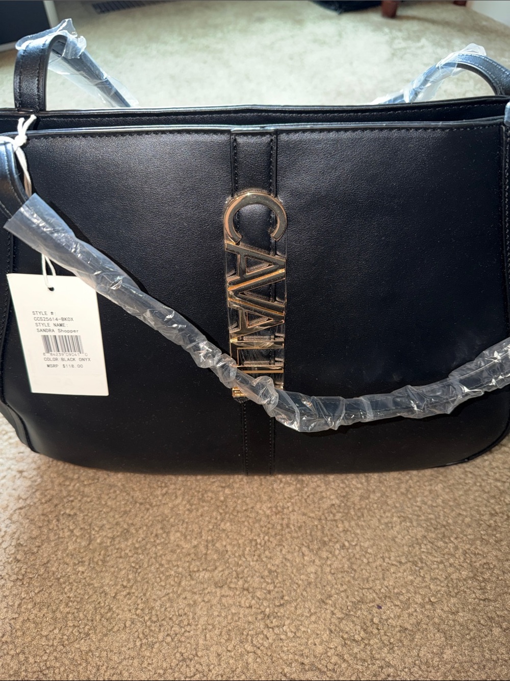 Cavalli Class Black Shoulder Tote Bag with Bold Gold Logo Front